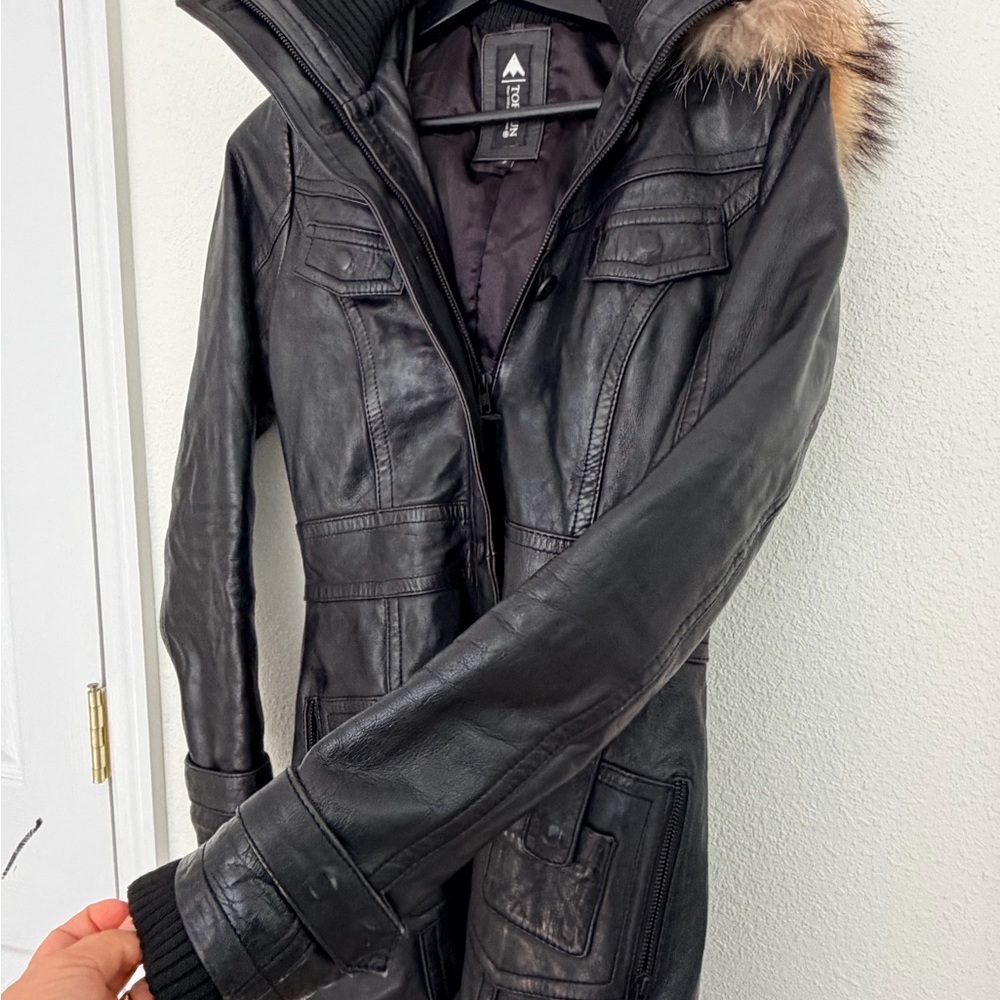 Top Gun Women’s Black Leather Long Coat Jacket Fur Hood S Genuine Leather - Picture 5 of 14